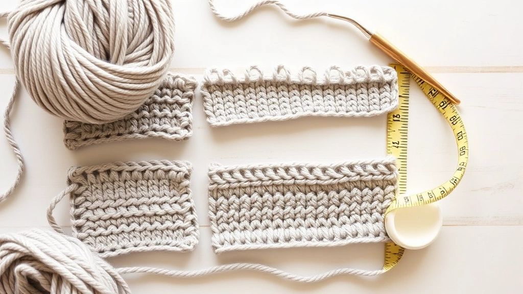 Overhead view of gauge swatches in progress with multiple hook sizes, measuring tape visible, worsted weight yarn in neutral color, natural lighting, organized crafting setup