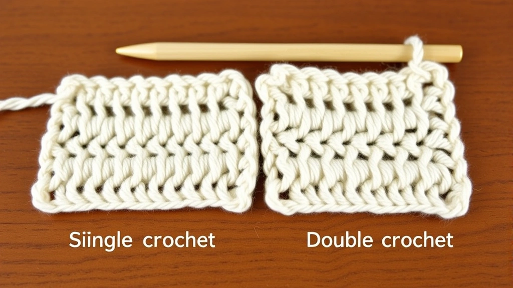 Close-up comparison of single crochet and double crochet swatches in cream worsted yarn, natural lighting, wooden table, clear stitch definition visible, educational demonstration setup