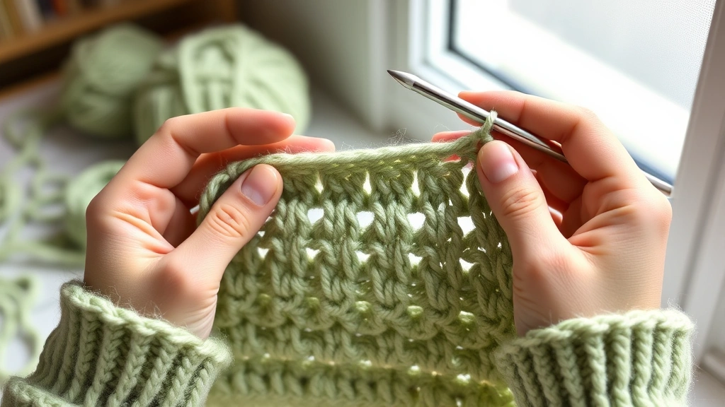 Hands working double crochet stitches with sage green yarn and aluminum hook, mid-stitch showing yarn overs, soft window light, cozy crafting atmosphere, work in progress
