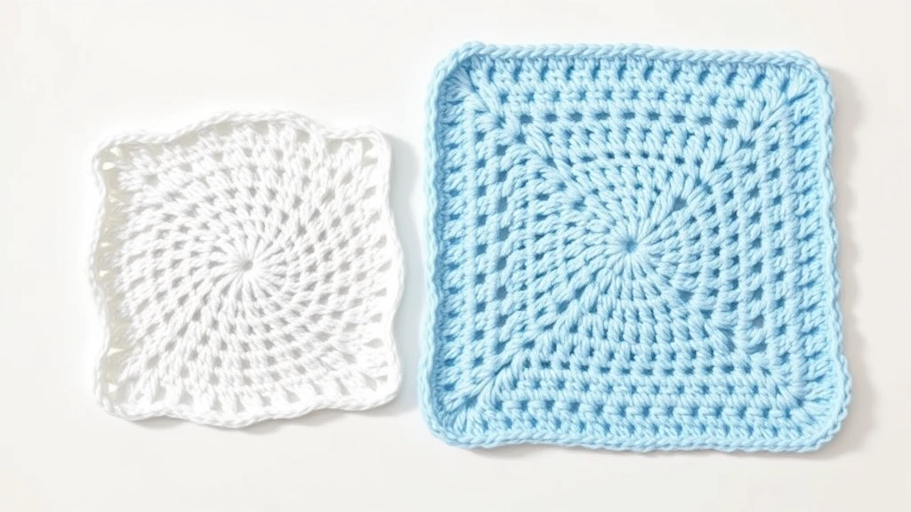 Finished single crochet dishcloth in white cotton next to double crochet baby blanket square in pale blue, natural lighting, clean background, texture contrast visible
