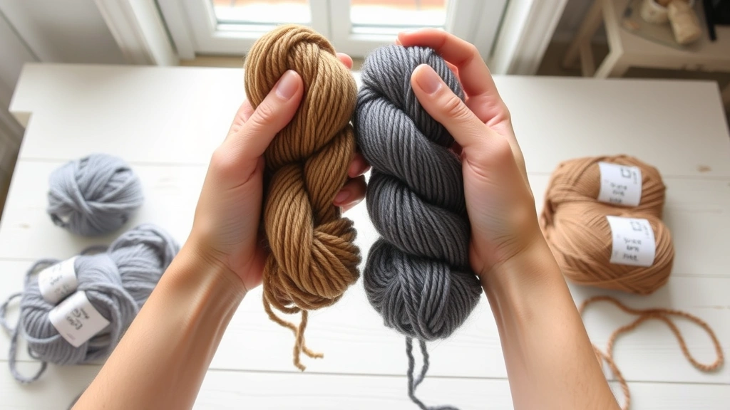 Hands holding two different yarn skeins side by side comparing texture, natural window lighting, white wooden table, yarn labels visible showing weight categories, crafting workspace atmosphere
