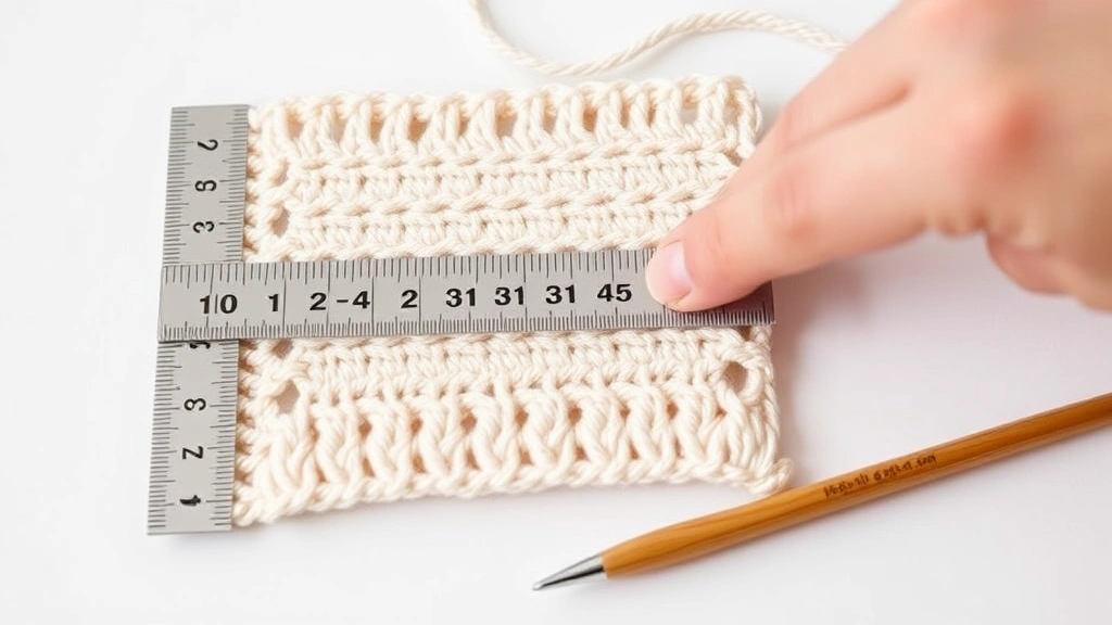 Close-up of gauge swatch being measured with ruler, fingers holding measuring tape across stitches, soft natural light, clean white background, crochet hook nearby