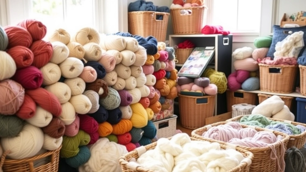 Organized yarn stash showing different weights and fibers, cotton and wool skeins arranged by color, bright craft room lighting, storage baskets visible, cozy crafting space