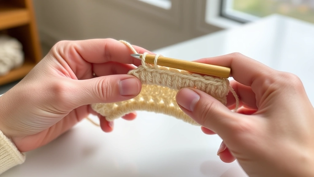 Close-up of hands demonstrating single crochet technique with cream worsted yarn, bamboo hook visible, natural window lighting, clean white table surface, stitch formation clearly shown