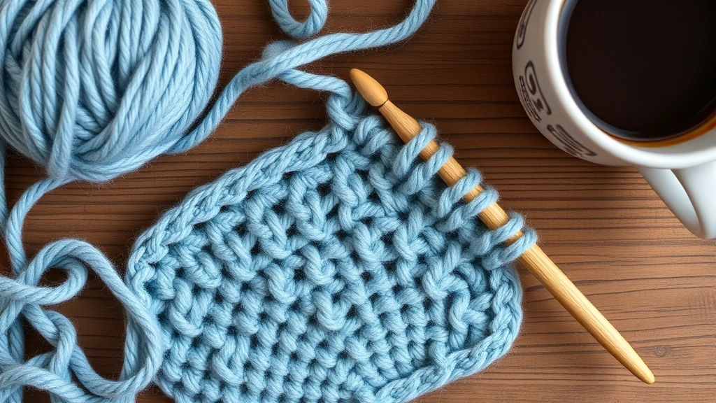 Overhead view of half double crochet work in progress, dusty blue yarn with wooden hook, three loops visible on hook, cozy crafting setup with coffee cup nearby