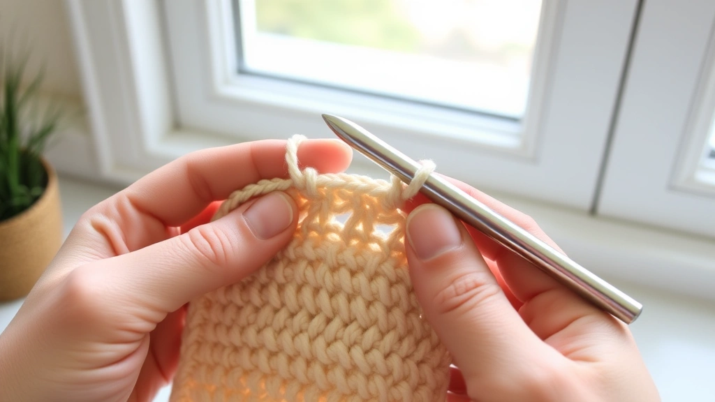 Close-up hands working double crochet stitch with cream worsted yarn, aluminum hook, showing three loops on hook, natural window lighting, clean workspace