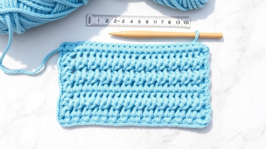 Finished double crochet swatch in soft blue yarn laid flat on white marble surface, stitches clearly visible, measuring tape showing gauge, bright natural light