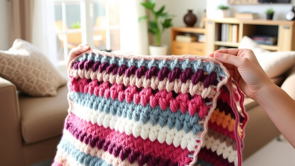 Work-in-progress double crochet blanket in variegated yarn, hands visible holding project, cozy living room setting, afternoon sunlight, comfortable crafting atmosphere