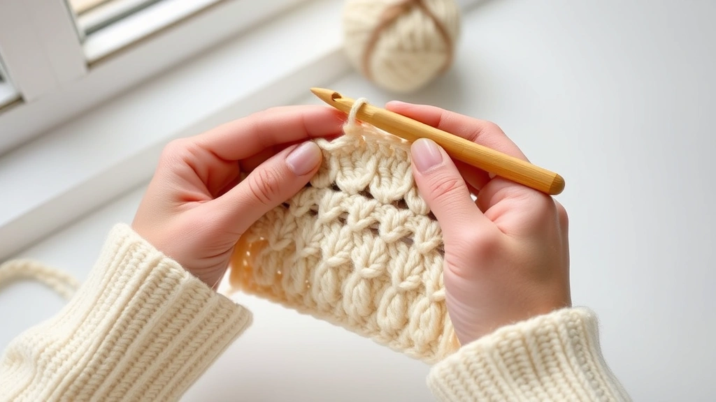 Close-up hands working treble crochet stitch with cream worsted yarn, bamboo hook visible, natural window light, clean white surface, yarn overs clearly shown