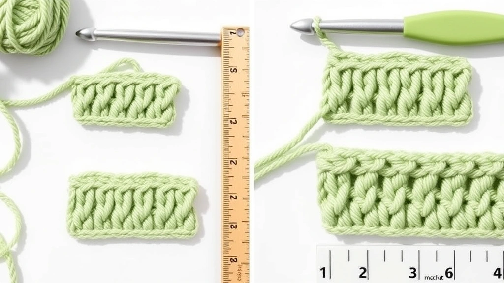 Side view comparison showing single crochet, double crochet, treble and double treble stitches in sage green yarn, measuring ruler nearby, bright natural lighting