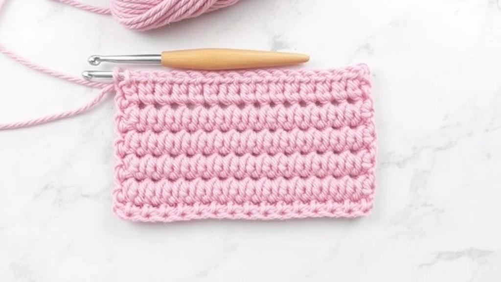 Overhead shot of practice swatch with rows of treble crochet stitches in soft pink yarn, wooden hook resting on work, marble countertop background