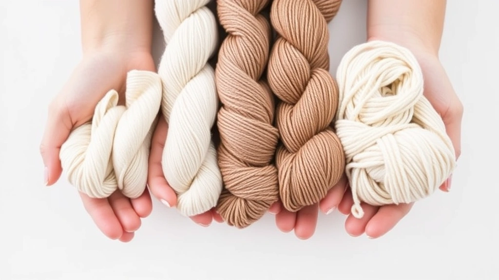 Hands holding different yarn weight skeins in neutral colors, arranged from thinnest to thickest, natural lighting, white background, showing texture differences clearly