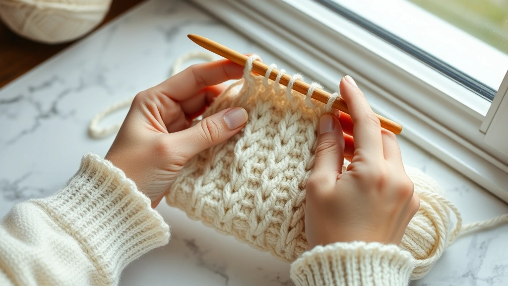 Hands crocheting intricate cable pattern in cream worsted yarn, wooden hook, natural window light, marble surface, detailed stitch texture visible, cozy crafting setup