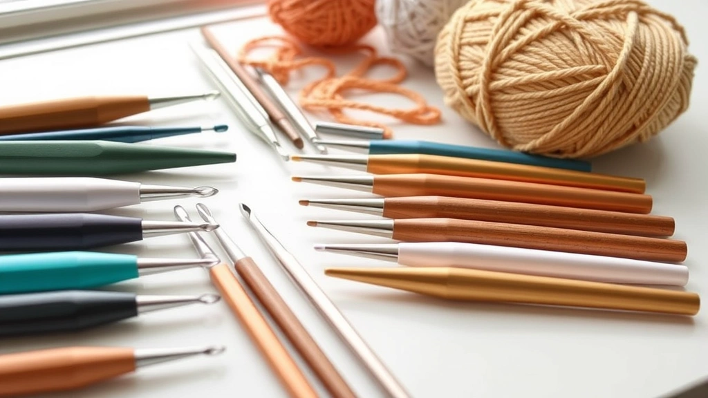 Close-up of crochet hooks with corresponding yarn weights, organized by size, clean white surface, soft window light, showing proper hook-to-yarn proportions