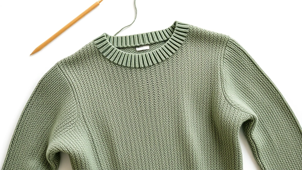 Partially completed intermediate sweater in sage green showing post stitches and shaping, bamboo hooks nearby, soft lighting, clean white background, professional flat lay