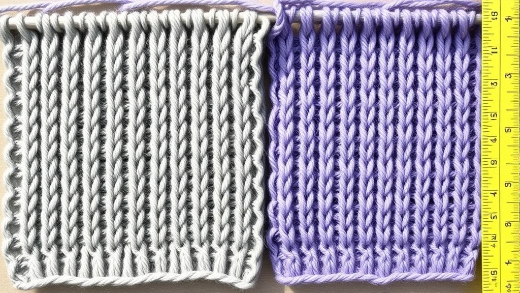 Gauge swatches in different yarn weights side by side, same stitch pattern, natural lighting, showing fabric texture differences, measuring tape visible