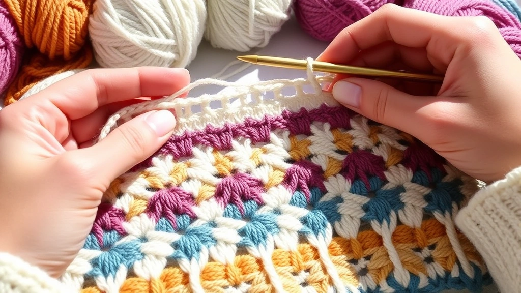 Close-up of colorwork crochet pattern with multiple yarn skeins, hands changing colors mid-stitch, bright natural light, organized crafting space, detailed technique demonstration