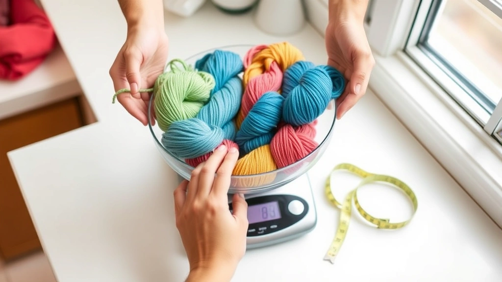 Hands weighing colorful yarn skeins on digital kitchen scale, measuring tape nearby, bright natural light from window, clean white counter surface