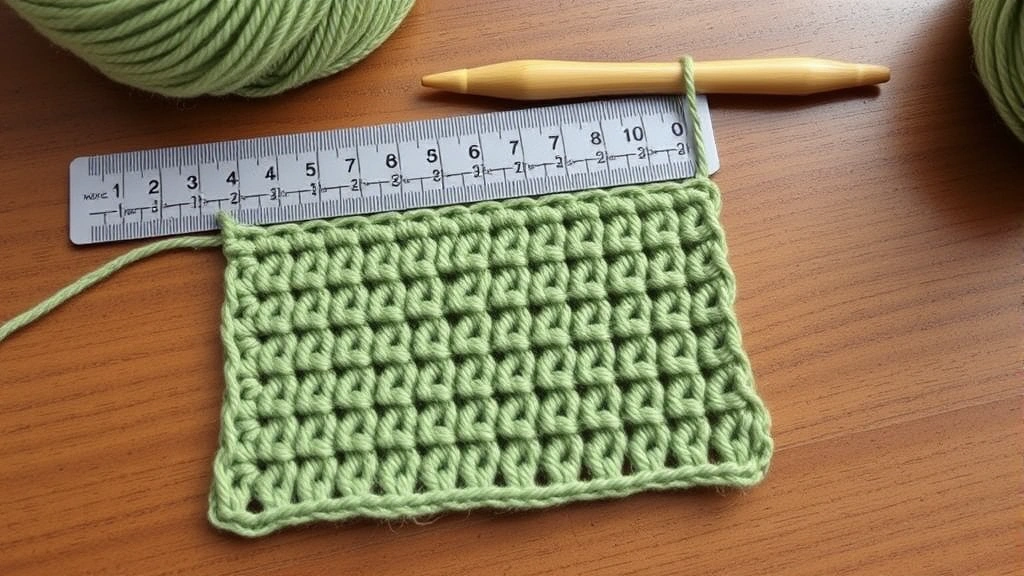 Crochet gauge swatch in progress with measuring ruler, worsted weight yarn in sage green, bamboo hook visible, soft lighting on wooden table
