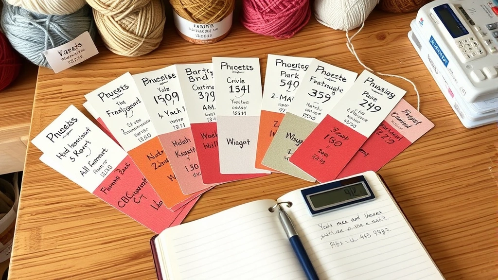 Collection of yarn labels spread out showing different weights and yardages, calculator and notebook with handwritten calculations, organized craft room setting