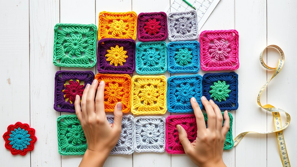 Overhead flat lay of colorful granny squares arranged in cardigan pattern on white wooden surface, soft natural lighting, hands positioning corner square, measuring tape visible