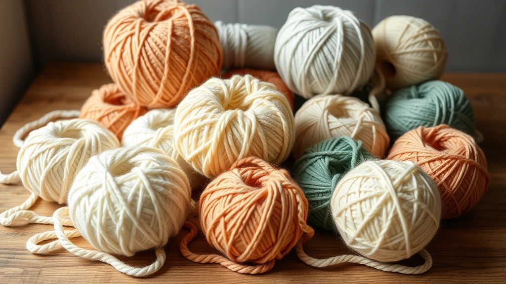 Various cotton yarn balls in natural colors on wooden table, different weights displayed, soft natural lighting, texture details visible, crafting workspace setup
