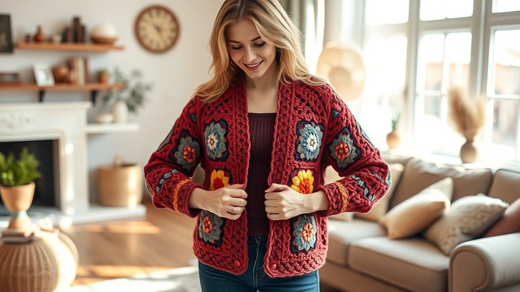 Woman wearing handmade granny square cardigan in autumn colors, cozy living room setting, natural lighting, cardigan draped open showing construction details, warm home atmosphere