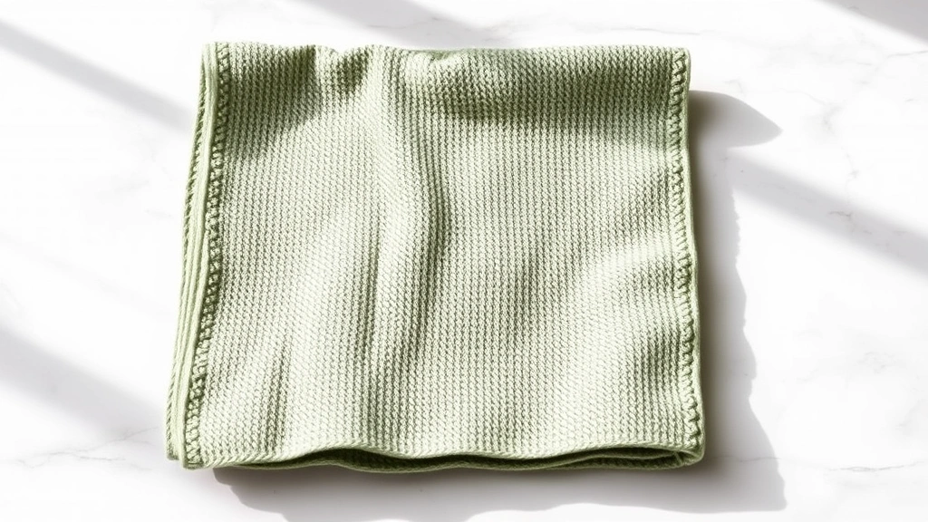 Finished cotton dishcloth in sage green with defined stitch pattern, folded on marble counter, natural lighting, clean minimalist styling, texture emphasis