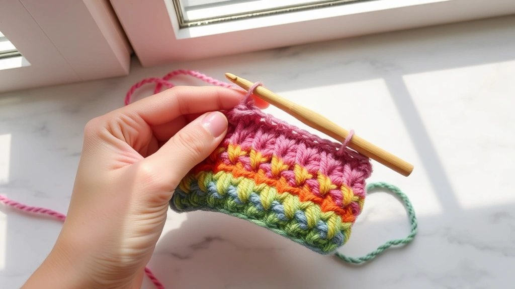 Close-up hands crocheting single crochet stitches with rainbow variegated yarn, natural window lighting, white marble surface, bamboo hook visible, work in progress