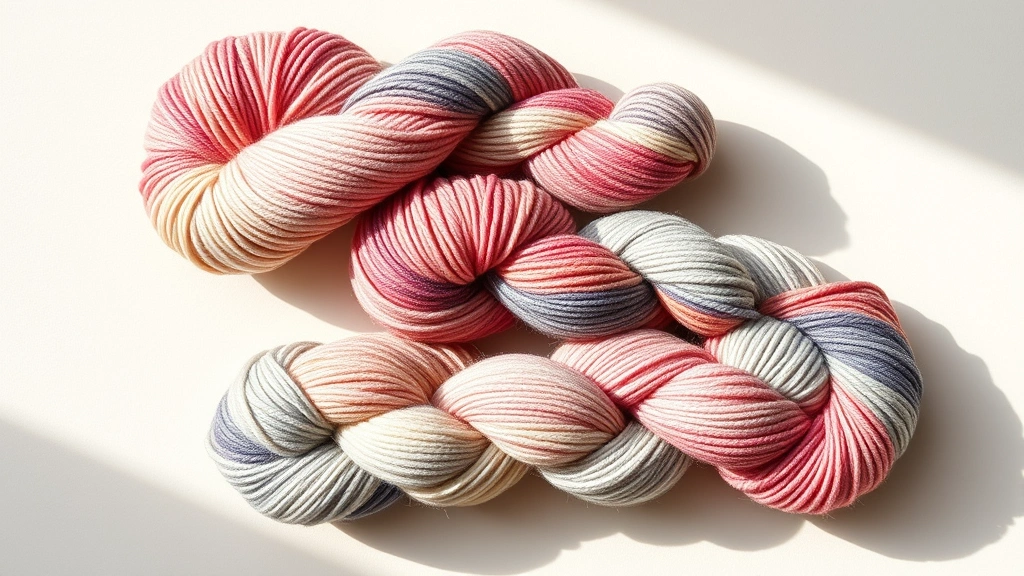 Flat lay of three different variegated yarn skeins showing color sequences, soft natural lighting, cream background, subtle shadows, cotton and wool textures visible