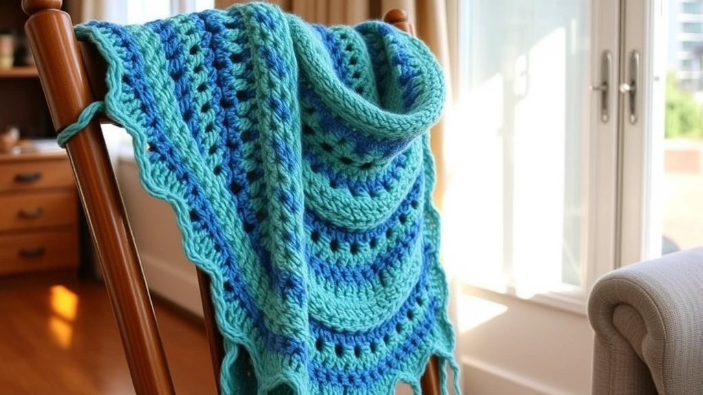 Finished crochet scarf in blue-green variegated yarn draped over wooden chair, cozy living room setting, afternoon sunlight, simple half double crochet texture