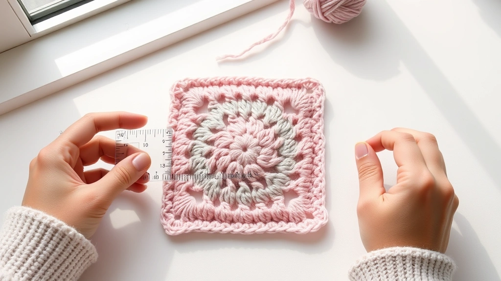 Hands measuring completed granny square with clear ruler, worsted weight yarn in soft pastels, natural window light, clean white surface, precise measurement visible