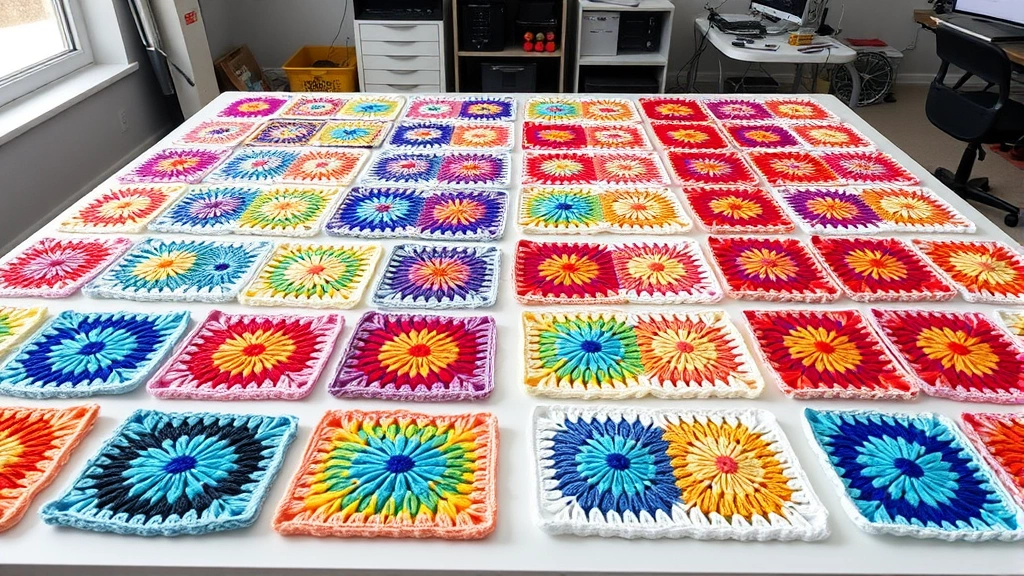 Collection of identical blocked granny squares pinned to foam blocking mats, rainbow colors, organized grid layout, professional crafting setup, bright studio lighting