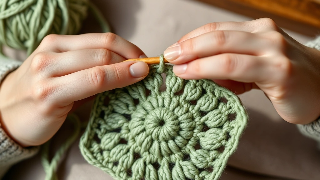 Close-up of hands crocheting granny square with consistent tension, sage green yarn, bamboo hook, partially completed rounds visible, cozy crafting atmosphere, soft shadows