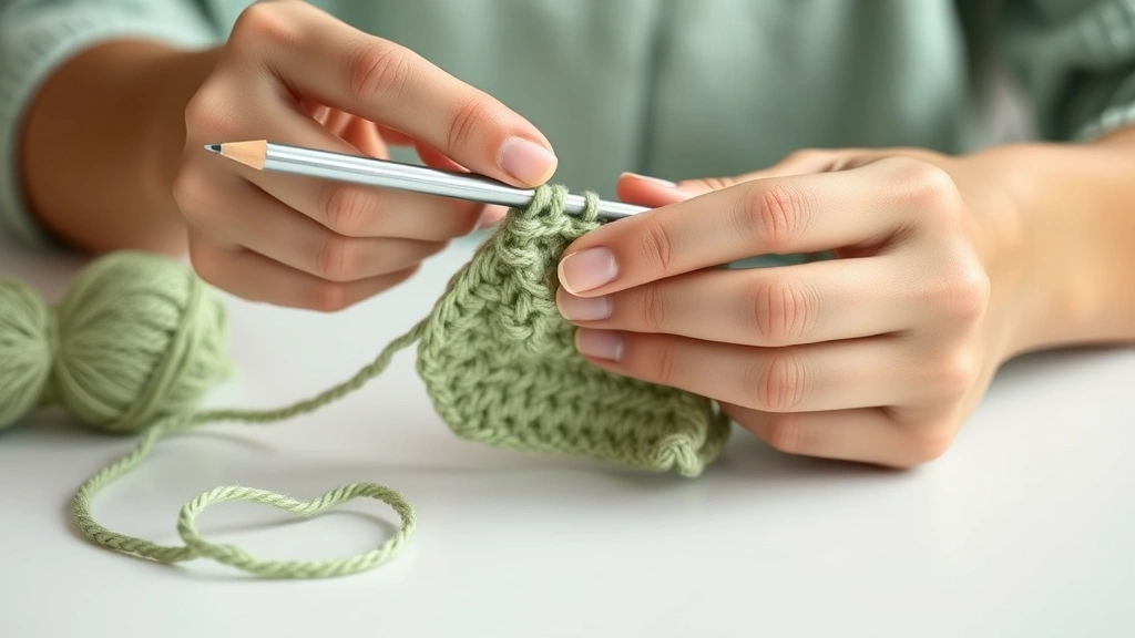 Close-up of hands demonstrating pencil grip on aluminum crochet hook, working sage green worsted yarn, soft natural lighting, clean white table surface