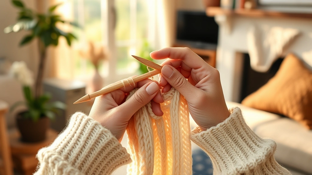 Hands showing knife grip technique with bamboo hook, cream colored DK yarn project in progress, cozy living room setting, warm afternoon light