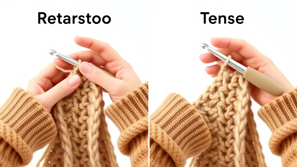 Side view comparison of relaxed vs tense hand positions while crocheting, neutral beige yarn, ergonomic hook with cushioned handle, studio lighting