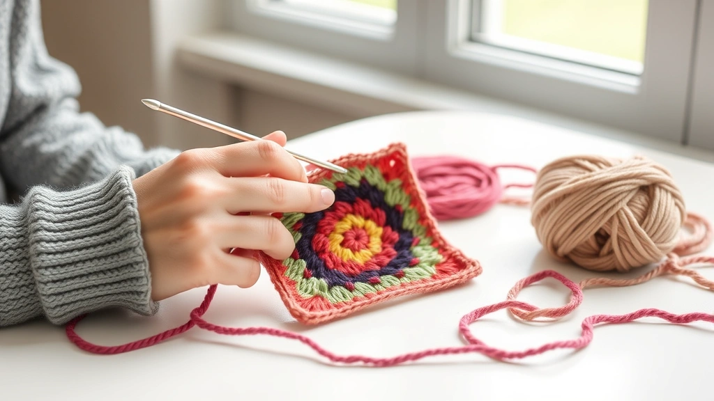 Close-up of hands crocheting colorful granny square with worsted weight yarn, natural window light, clean white table surface, hook and yarn visible, cozy crafting atmosphere
