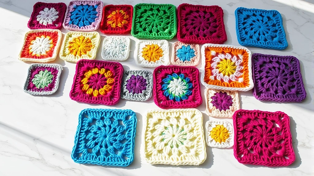 Flat lay of completed granny squares in rainbow colors arranged on marble surface, natural lighting, various sizes and patterns visible, cotton and acrylic yarns mixed together