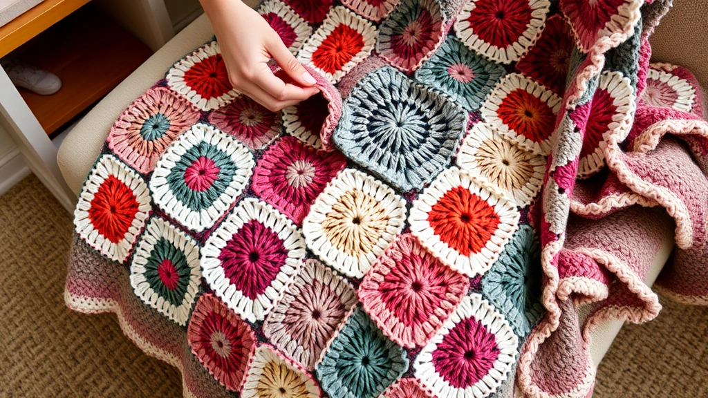 Work-in-progress granny square blanket with squares being joined together, hands holding crochet hook, soft home lighting, partially completed afghan draped over chair arm