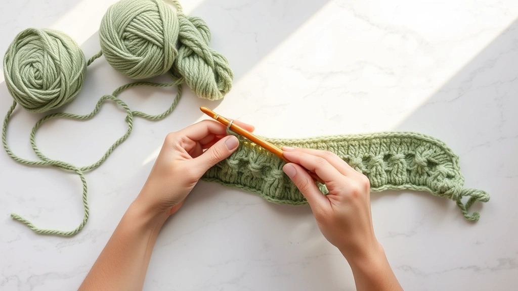 Overhead view of hands crocheting worsted weight yarn in sage green, wooden hook visible, partially completed blanket rows spread on white marble table, natural window lighting