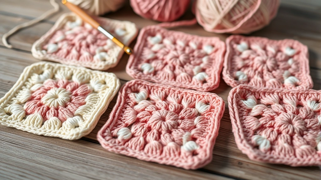 Close-up of completed granny squares in cream and dusty pink arranged on rustic wood surface, crochet hook and yarn ball nearby, soft afternoon light, crafting atmosphere