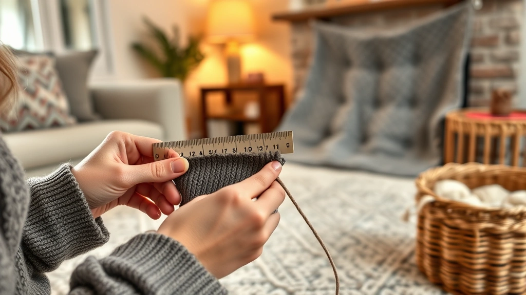 Side angle of woman's hands measuring gauge swatch with ruler, half-finished blanket in background, cozy living room setting, warm lamp light, yarn basket visible