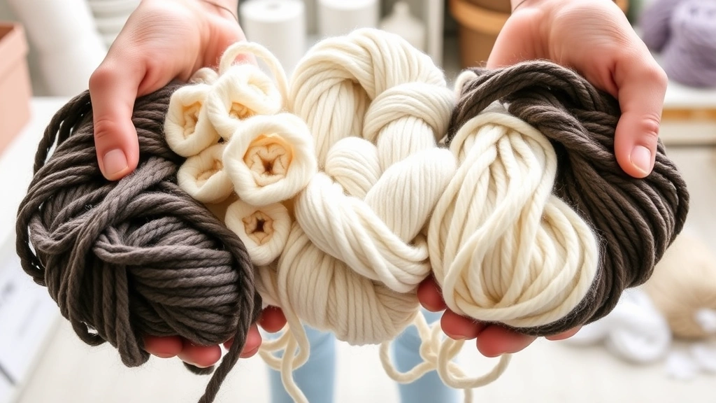 Hands holding different yarn skeins in cotton, wool, and acrylic, natural daylight, clean white background, various textures and weights visible, organized craft room setting