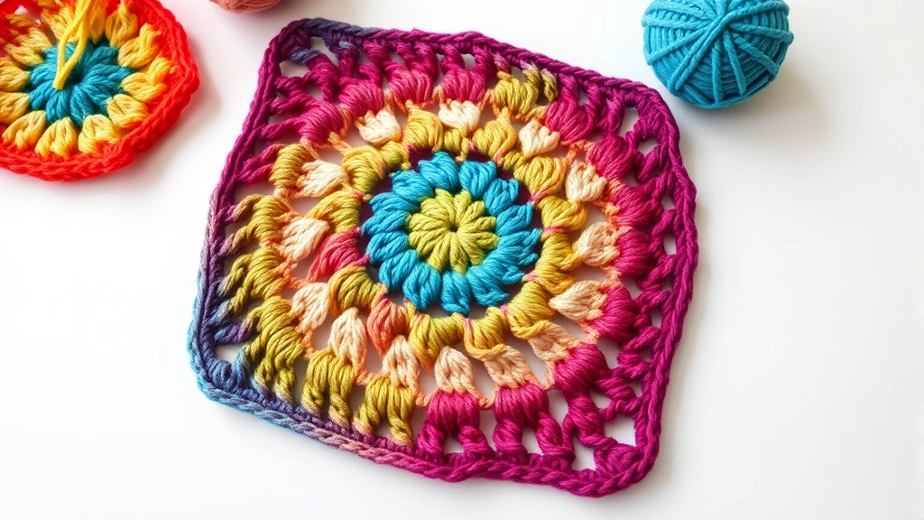Traditional granny square in bright rainbow colors on white background, clearly showing cluster stitches and chain spaces, natural lighting, crafting table setup