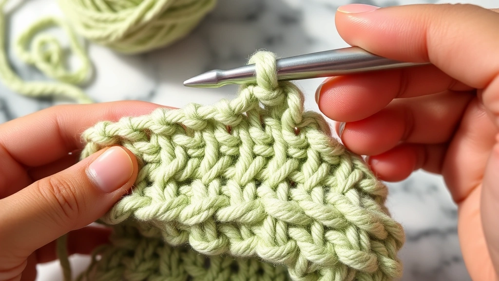 Close-up of crochet hook working through worsted weight yarn showing clear stitch definition, soft natural lighting, marble countertop, hands visible, sage green yarn color