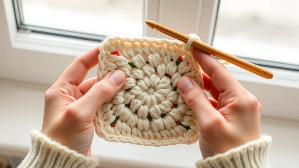Hands crocheting center of granny square with cream colored yarn, bamboo hook visible, work in progress showing first two rounds, soft window light