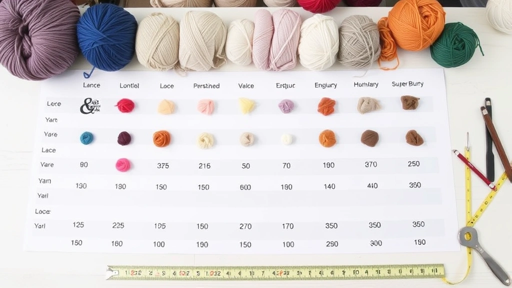 Yarn weight comparison chart with actual yarn samples from lace to super bulky, clean organized layout, natural lighting, craft table surface, measuring tools nearby