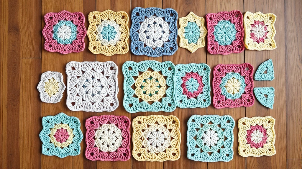 Collection of different granny square variations arranged on wooden surface, including hexagons and triangles, various pastel colors, overhead view, clean composition
