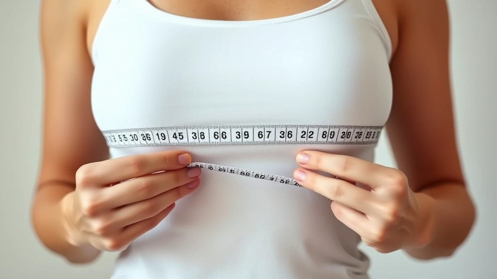 Hands measuring bust circumference with flexible measuring tape, soft natural lighting, woman wearing fitted white tank top, clean neutral background, accurate measurement technique demonstration